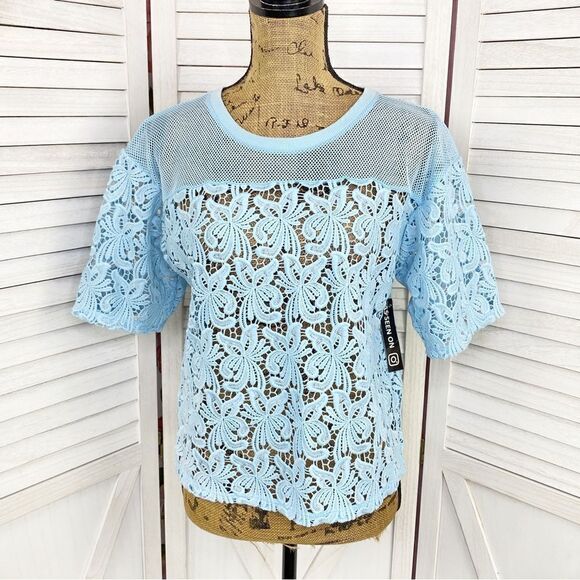 Ann Taylor Loft Lace Blossoms Crop Tee Blue Small - Picture 1 of 13